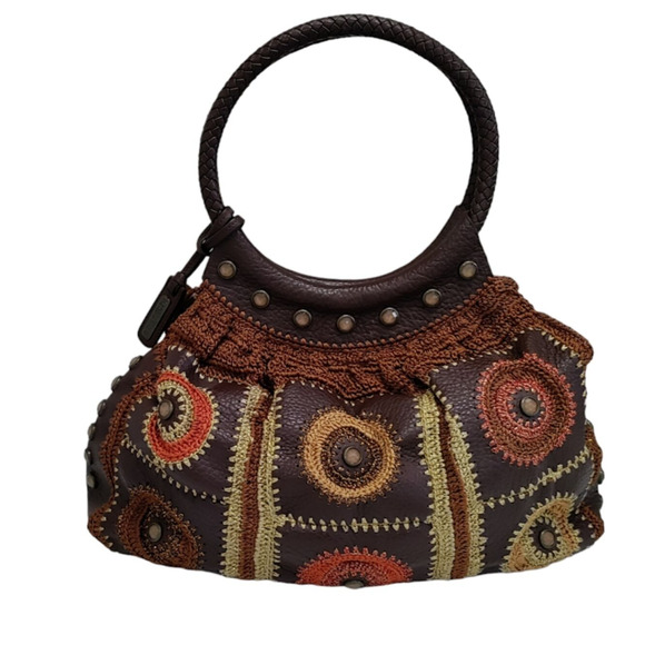 Isabella Fiore Handbag Leather Brown Multi-Color Jeweled Embroidered Crocheted - Picture 3 of 16